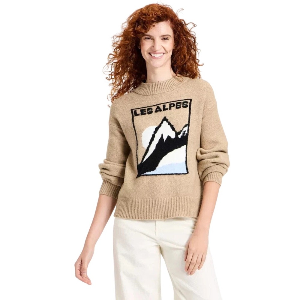 Universal Thread Women's Tan Les Alpes Mountain Graphic Cozy Knit Sweater Size L